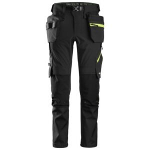 6940 Pantalones largos de trabajo elásticos FlexiWork Softshell Slim Fit bolsillos flotantes negro/ amarillo neón