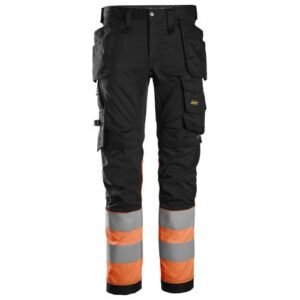 6234 Pantalones largos de trabajo elásticos de alta visibilidad clase 1 con bolsillos flotantes negro-naranja