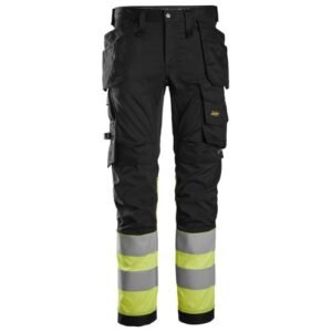 6234 Pantalones largos de trabajo elásticos de alta visibilidad clase 1 con bolsillos flotantes negro-amarillo