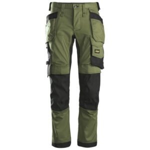 6241 Pantalones largos de trabajo elásticos AllroundWork Slim Fit con bolsillos flotantes color verde khaki/ negro