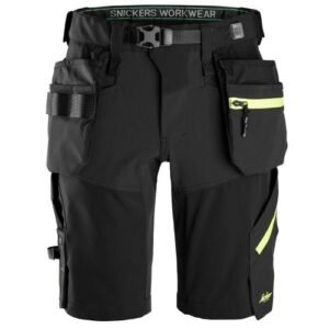 6140 Pantalones cortos de trabajo elásticos FlexiWork Softshell con bolsillos flotantes negro/ amarillo neon