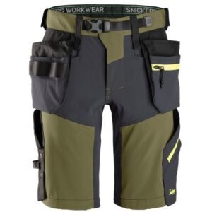 6140 Pantalones cortos de trabajo elásticos FlexiWork Softshell con bolsillos flotantes verde kaki/ gris acero