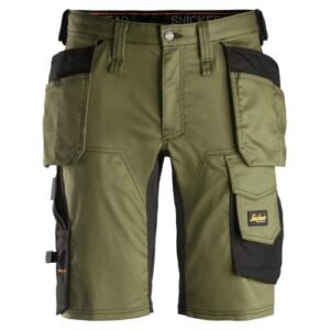 6141 Pantalones cortos de trabajo elásticos Slim Fit AllroundWork con bolsillos flotantes verde caqui/ negro