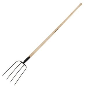 Horca forjada de 4 púas para recoger heno y estiércol con mango largo curvo sin barnizar / 9014MCSB